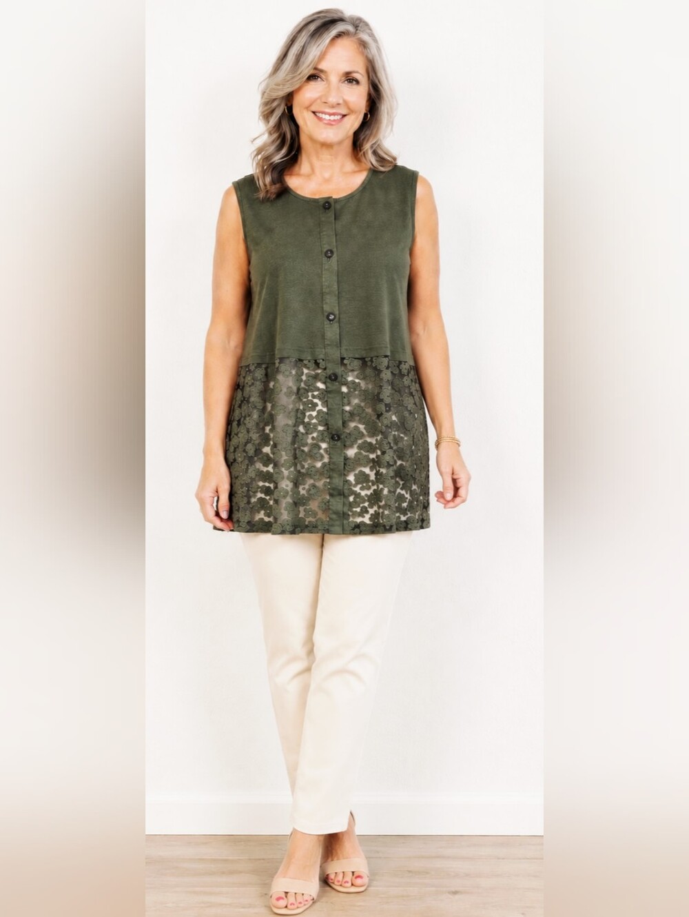Lobjie Sleeveless Olive Green Button-Front Top, Sheer Floral Bottom Half, Large